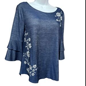 Elle Women's Bell Sleeve Embroidered Denim Top